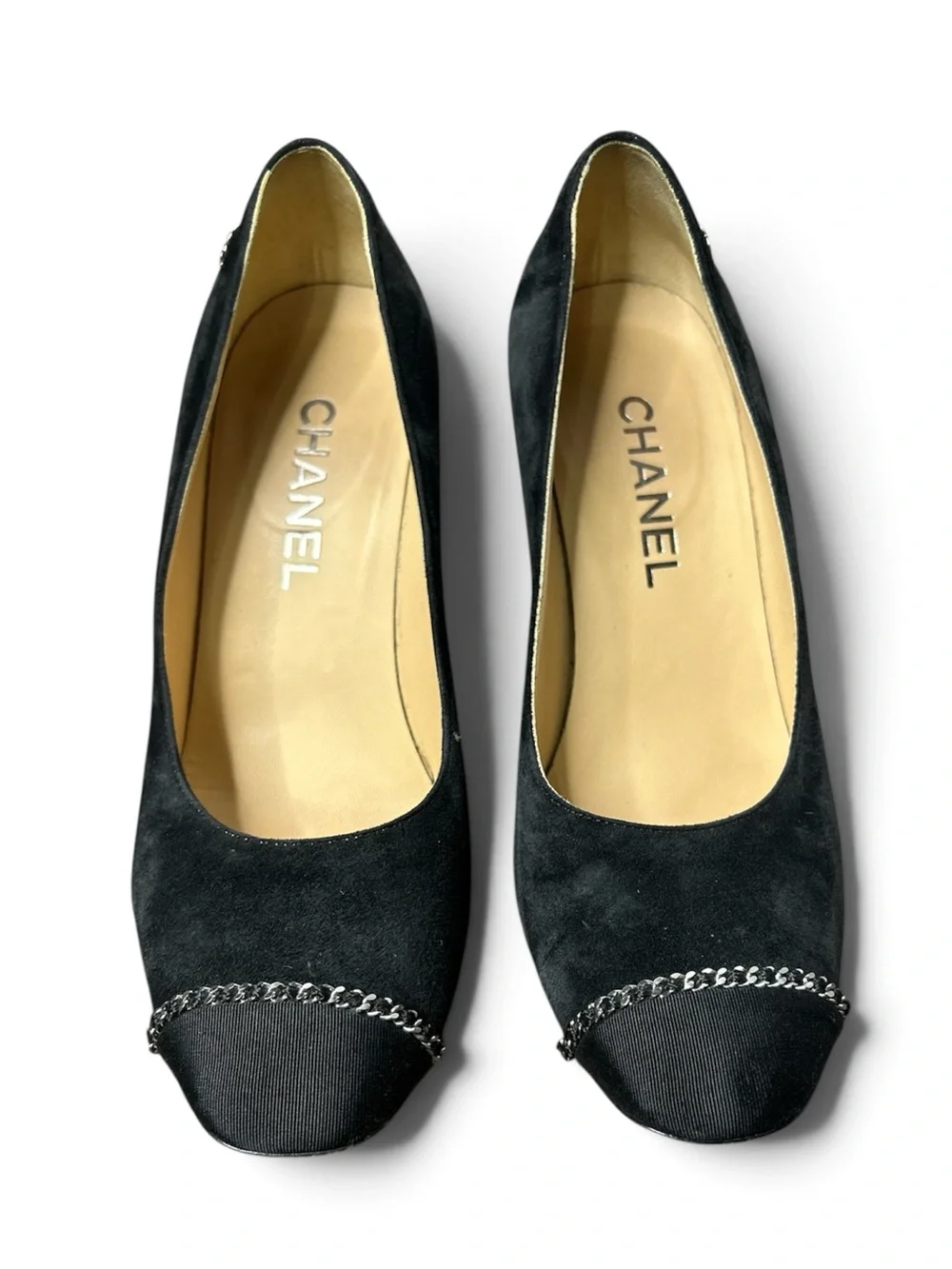 CHANEL Black Suede Chain CC Heels Pumps EU 38 US 7.5 8 Classic Work Luxury 2019